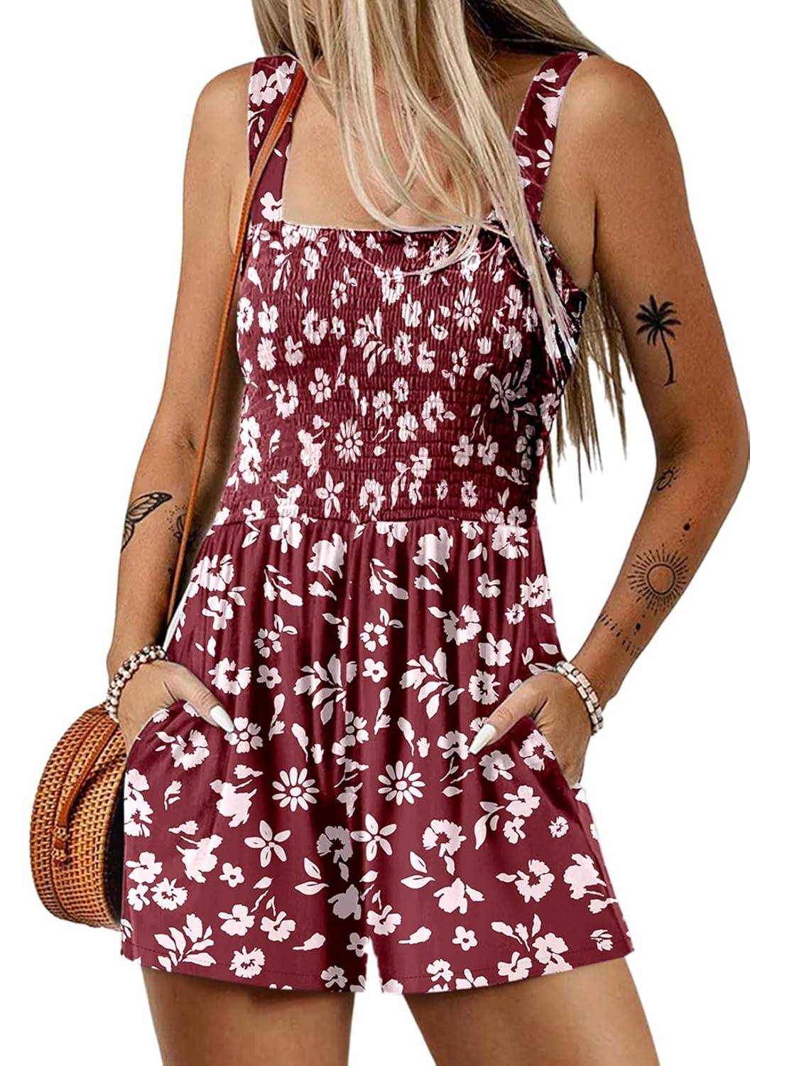 ⏰Hot Sale 50% Off💃Women's Summer Square Neck Sleeveless Loose Casual Short Smocked Romper💕