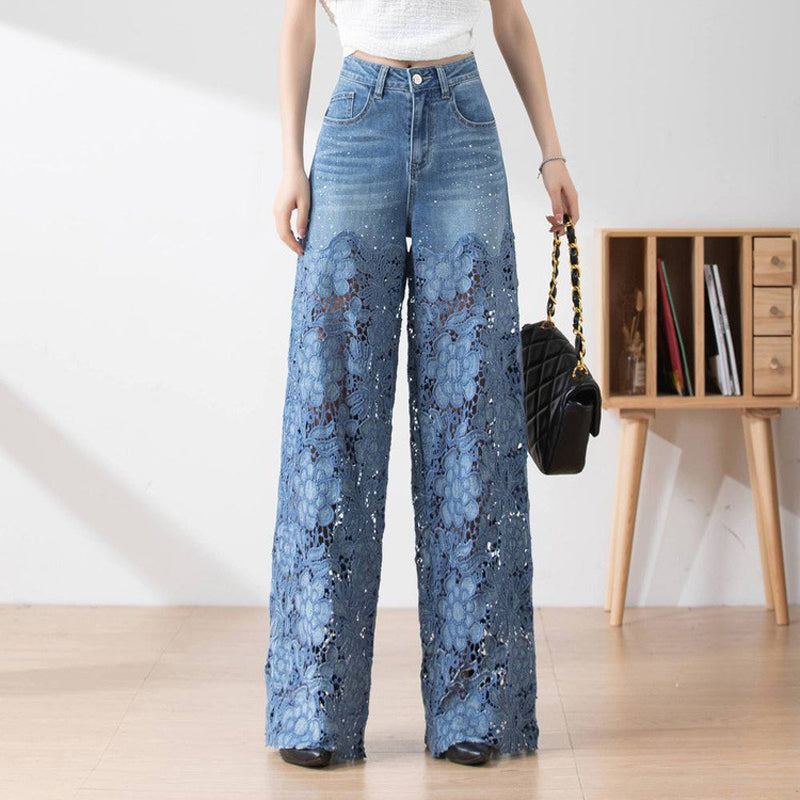 🔥Summer Sale 50% Off🔥Women's High-Waisted Blue Denim Wide-Leg Trousers (Hollow-out Lace Panels)