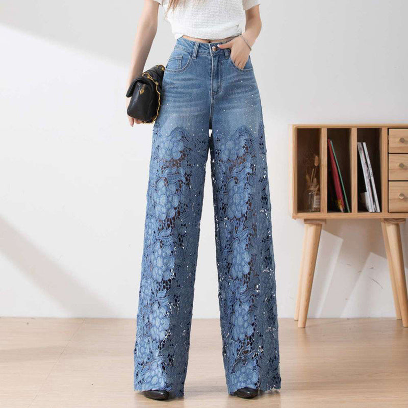 🔥Summer Sale 50% Off🔥Women's High-Waisted Blue Denim Wide-Leg Trousers (Hollow-out Lace Panels)