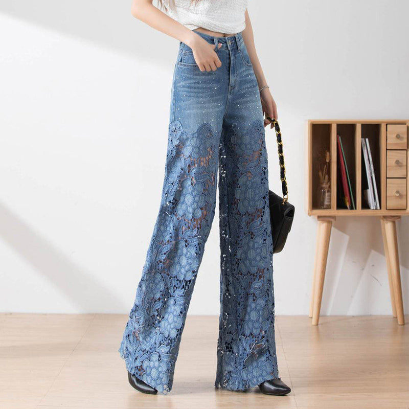 🔥Summer Sale 50% Off🔥Women's High-Waisted Blue Denim Wide-Leg Trousers (Hollow-out Lace Panels)