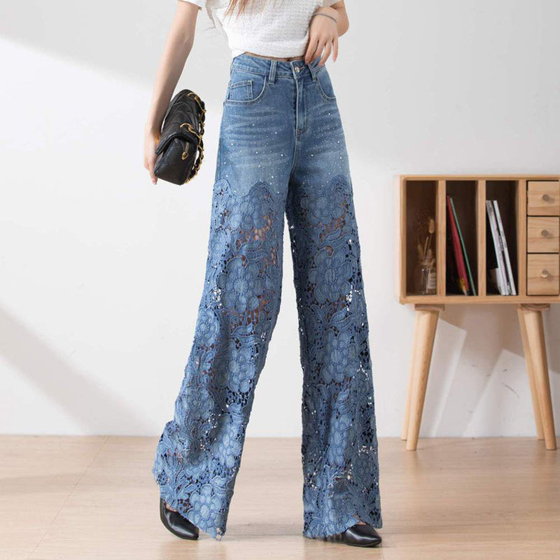🔥Summer Sale 50% Off🔥Women's High-Waisted Blue Denim Wide-Leg Trousers (Hollow-out Lace Panels)
