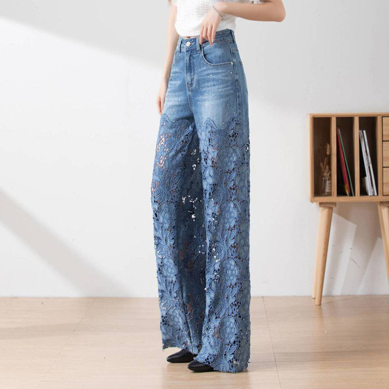 🔥Summer Sale 50% Off🔥Women's High-Waisted Blue Denim Wide-Leg Trousers (Hollow-out Lace Panels)