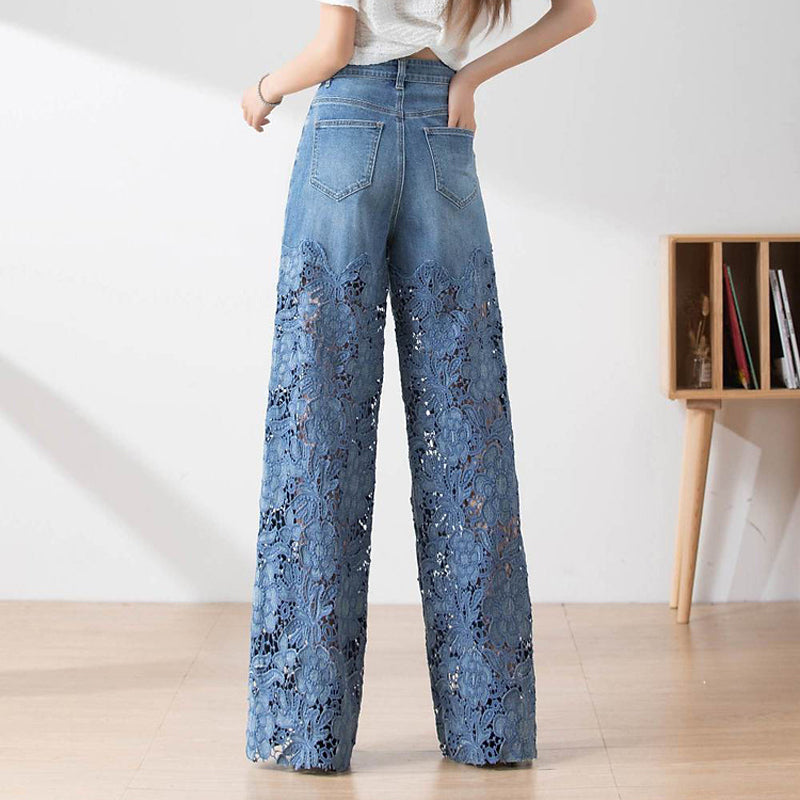 🔥Summer Sale 50% Off🔥Women's High-Waisted Blue Denim Wide-Leg Trousers (Hollow-out Lace Panels)