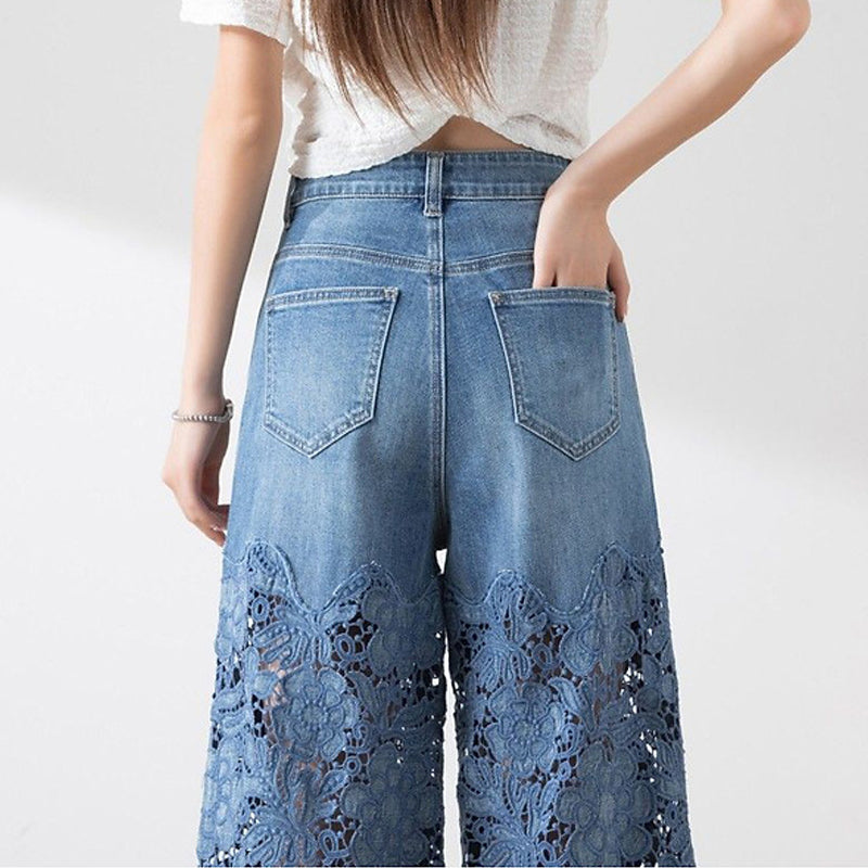 🔥Summer Sale 50% Off🔥Women's High-Waisted Blue Denim Wide-Leg Trousers (Hollow-out Lace Panels)
