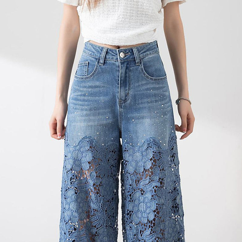 🔥Summer Sale 50% Off🔥Women's High-Waisted Blue Denim Wide-Leg Trousers (Hollow-out Lace Panels)