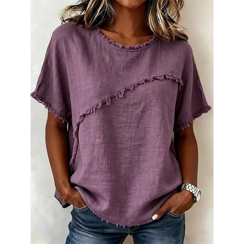 ๐ LIMITED-TIME 50% OFF! ๐ฅ Women's Summer Top with Raw Edge Paneling โ Round Neck, Relaxed Fit, Edgy โจ