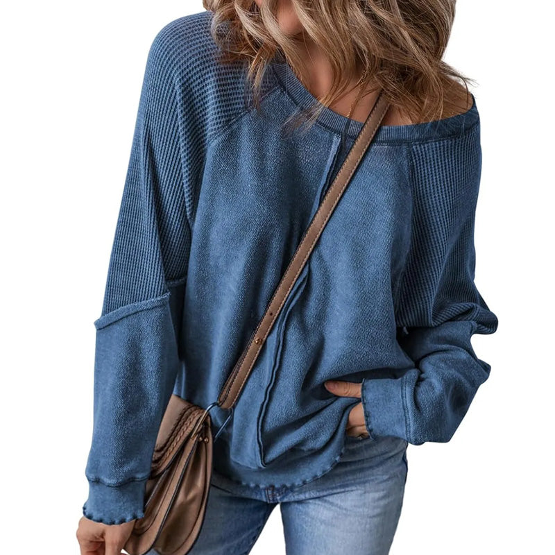 ๐ LIMITED-TIME 50% OFF! โจ Women's Casual Round Neck Top โ Long Sleeve, Waffle Texture, Relaxed Fit ๐ธ