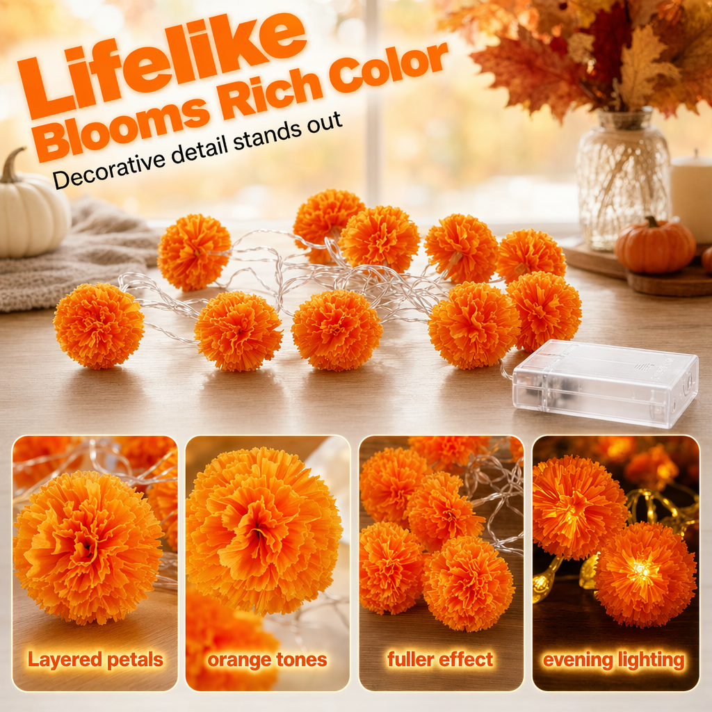 💀New Arrival 50% OFF! 🌼 Artificial Marigold Flower Led String Light – Perfect For Day Of The Dead & Halloween, 20 Leds, 8 Modes, Waterproof. Create A Festive Altar Or Spooky Porch! 🕯️🎃🧡