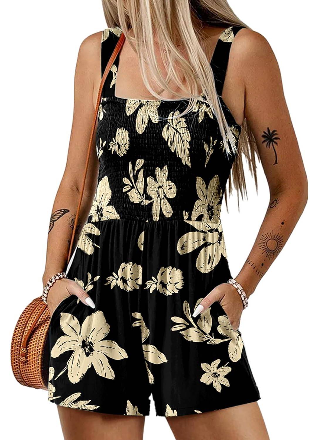 ⏰Hot Sale 50% Off💃Women's Summer Square Neck Sleeveless Loose Casual Short Smocked Romper💕
