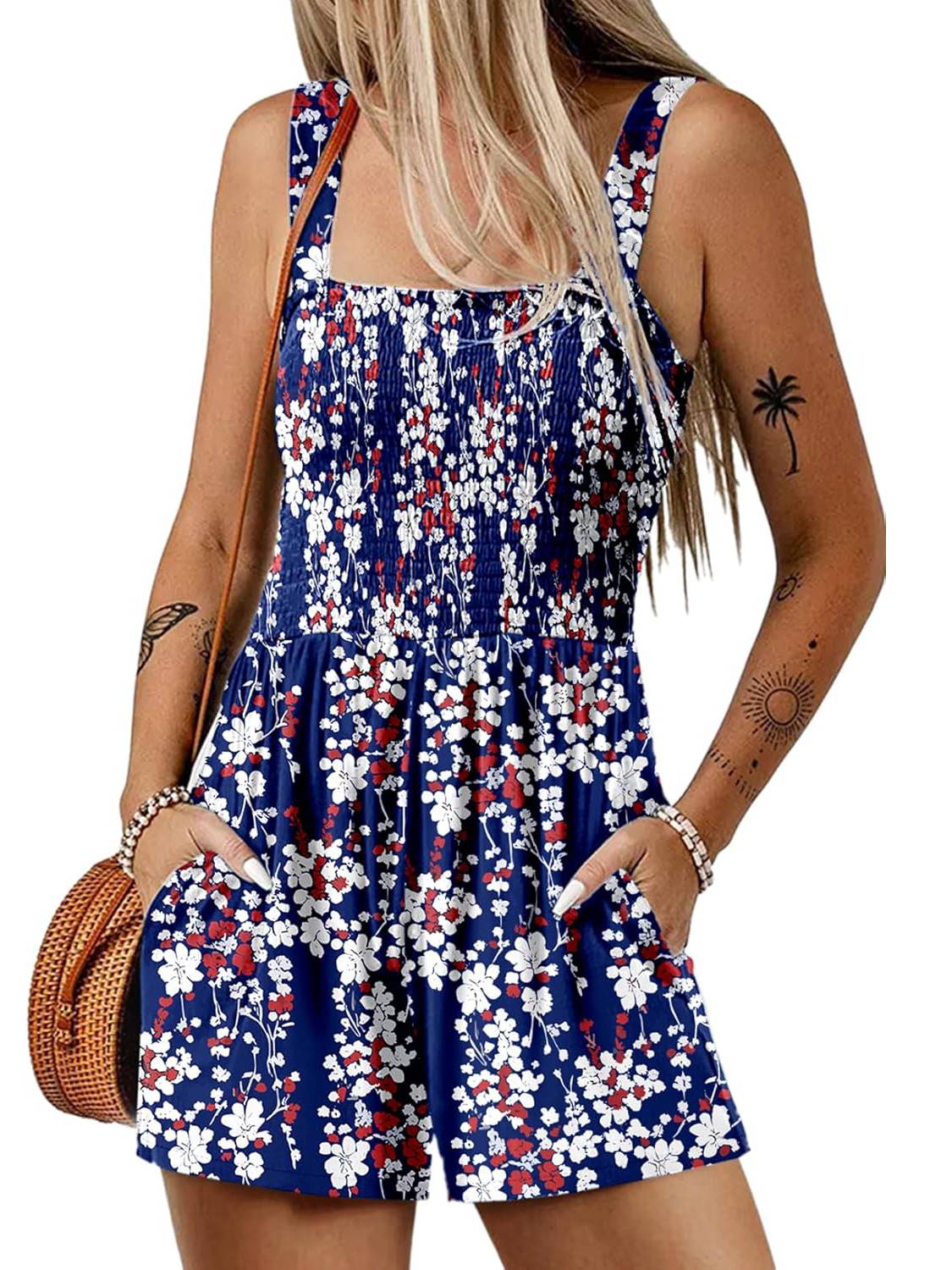 ⏰Hot Sale 50% Off💃Women's Summer Square Neck Sleeveless Loose Casual Short Smocked Romper💕