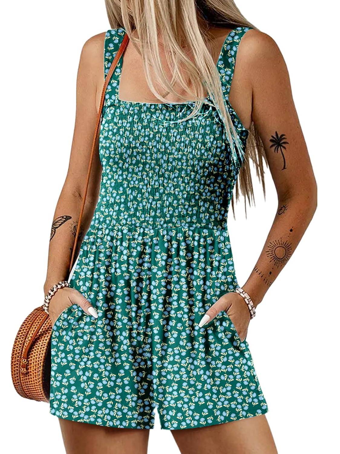 ⏰Hot Sale 50% Off💃Women's Summer Square Neck Sleeveless Loose Casual Short Smocked Romper💕