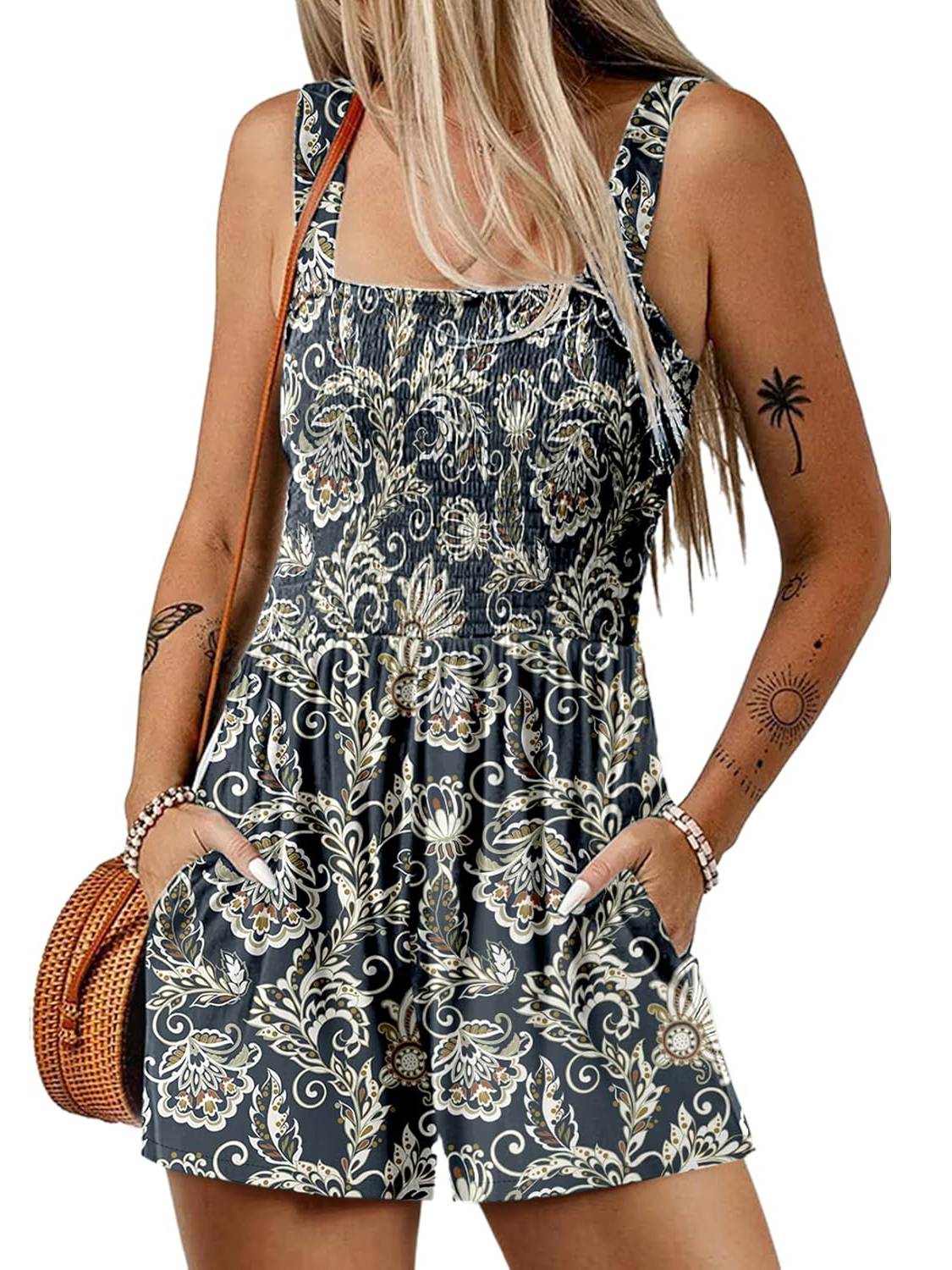 ⏰Hot Sale 50% Off💃Women's Summer Square Neck Sleeveless Loose Casual Short Smocked Romper💕
