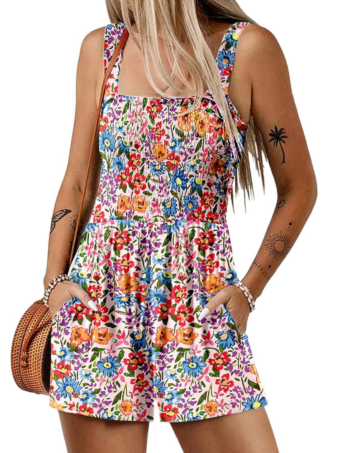 ⏰Hot Sale 50% Off💃Women's Summer Square Neck Sleeveless Loose Casual Short Smocked Romper💕