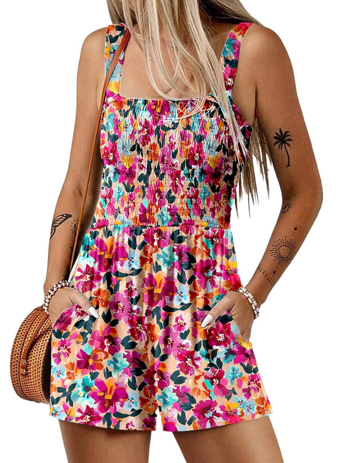 ⏰Hot Sale 50% Off💃Women's Summer Square Neck Sleeveless Loose Casual Short Smocked Romper💕