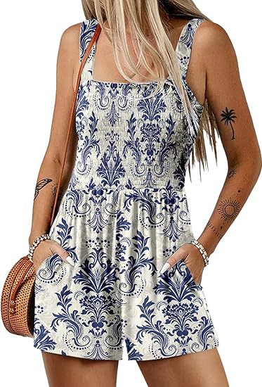 ⏰Hot Sale 50% Off💃Women's Summer Square Neck Sleeveless Loose Casual Short Smocked Romper💕