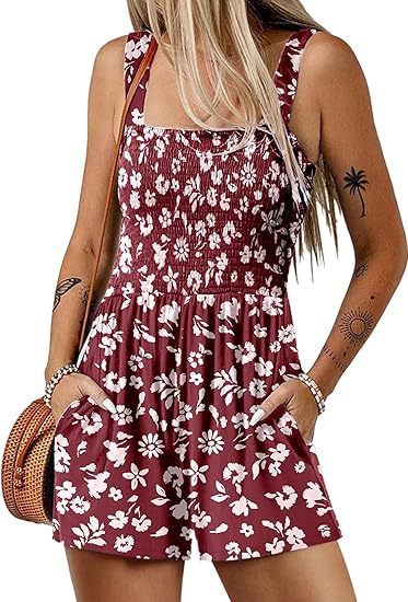 ⏰Hot Sale 50% Off💃Women's Summer Square Neck Sleeveless Loose Casual Short Smocked Romper💕