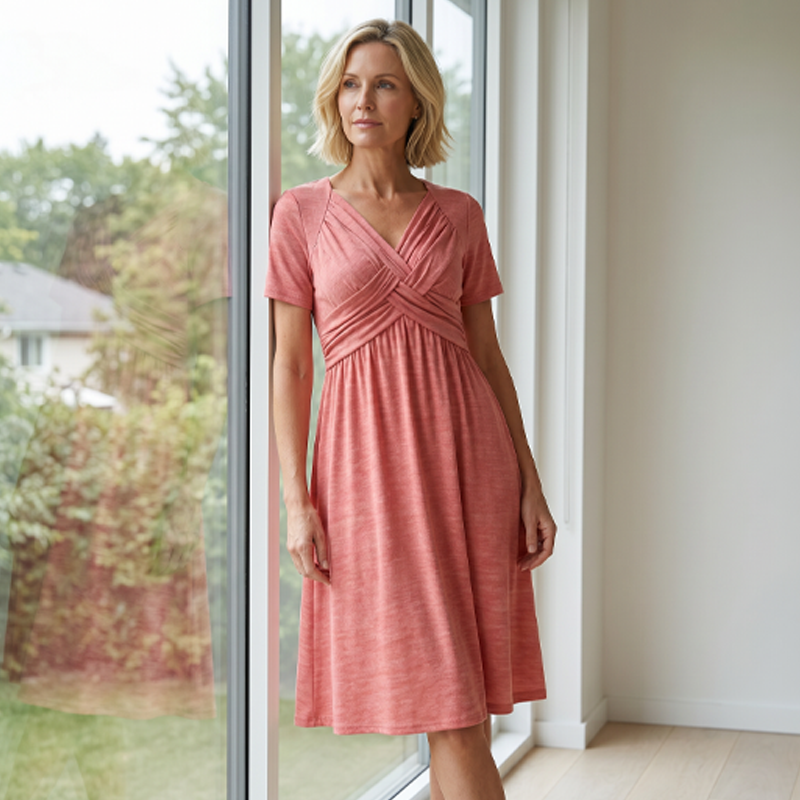 V-Neck Short Sleeve Dress – Flowy Fit, Timeless Charm