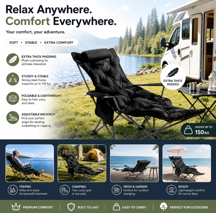 🪑Portable Adjustable Folding Chair for Outdoor‑Use – Light‑Weight, Sturdy & Versatile. Perfect for Gardens, Camping, Beach or Patio; Easy to Transport and Set‑Up🏕️✨