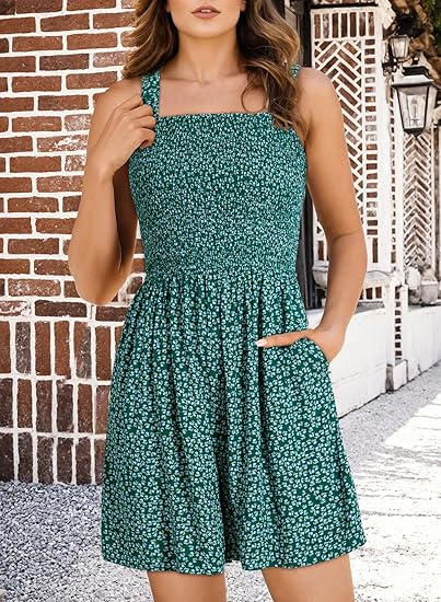 ⏰Hot Sale 50% Off💃Women's Summer Square Neck Sleeveless Loose Casual Short Smocked Romper💕