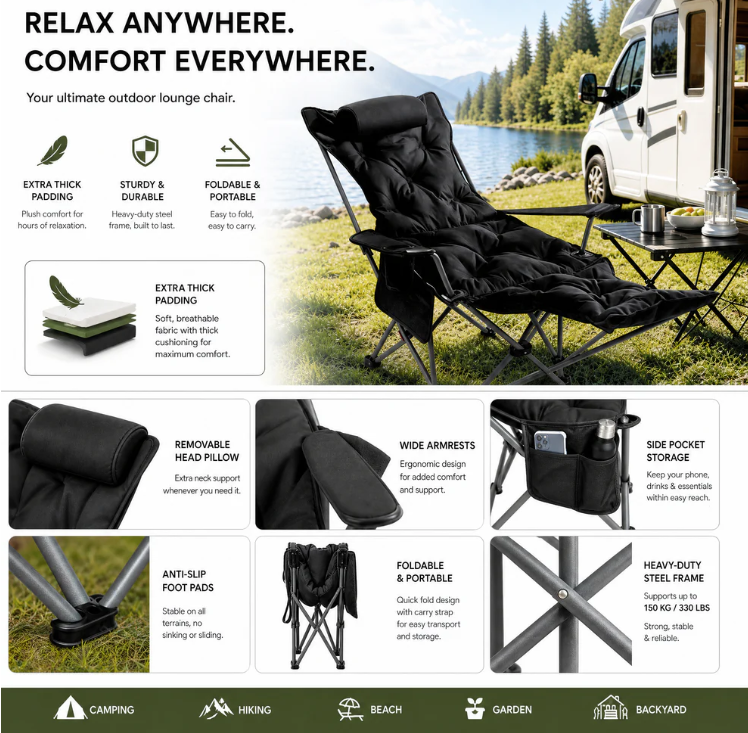 🪑Portable Adjustable Folding Chair for Outdoor‑Use – Light‑Weight, Sturdy & Versatile. Perfect for Gardens, Camping, Beach or Patio; Easy to Transport and Set‑Up🏕️✨