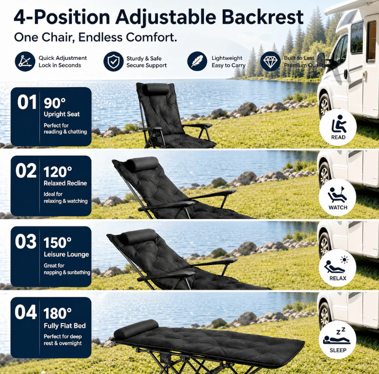 🪑Portable Adjustable Folding Chair for Outdoor‑Use – Light‑Weight, Sturdy & Versatile. Perfect for Gardens, Camping, Beach or Patio; Easy to Transport and Set‑Up🏕️✨
