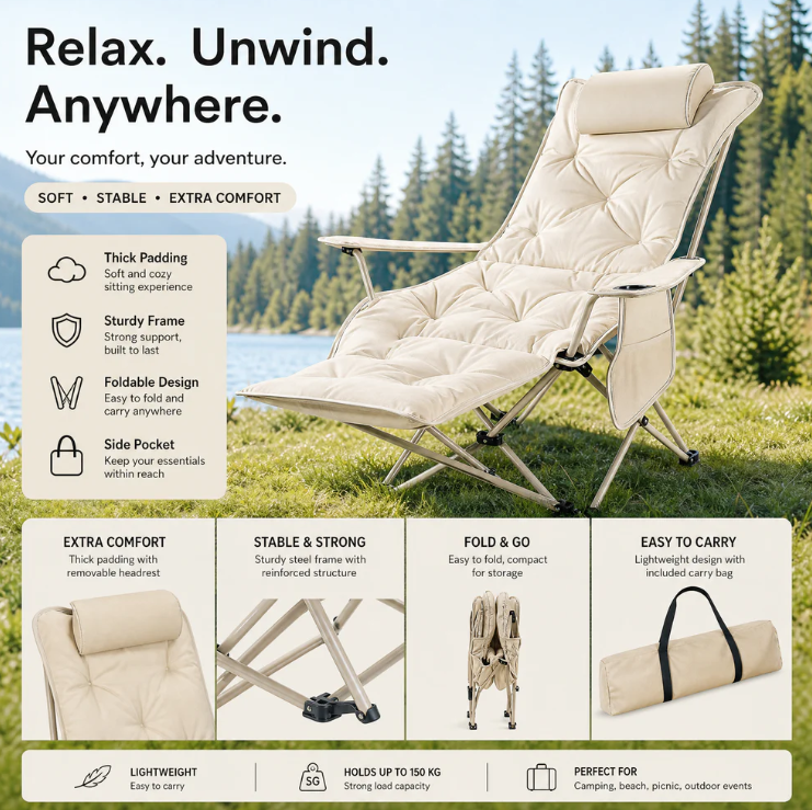 🪑Portable Adjustable Folding Chair for Outdoor‑Use – Light‑Weight, Sturdy & Versatile. Perfect for Gardens, Camping, Beach or Patio; Easy to Transport and Set‑Up🏕️✨