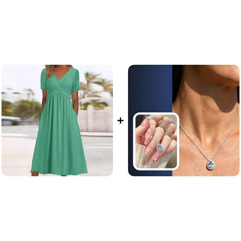 V-Neck Short Sleeve Dress – Flowy Fit, Timeless Charm