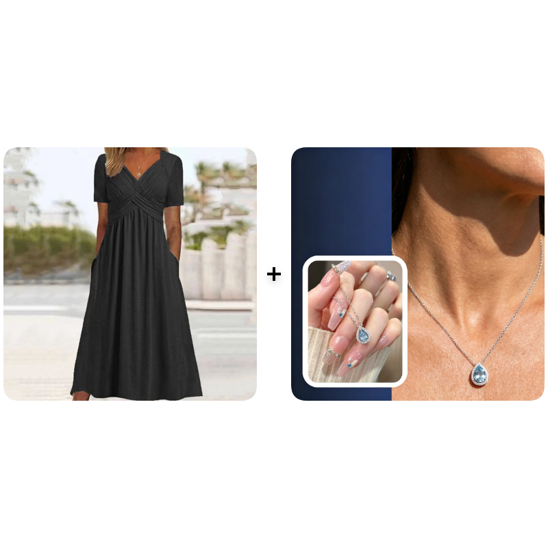V-Neck Short Sleeve Dress – Flowy Fit, Timeless Charm