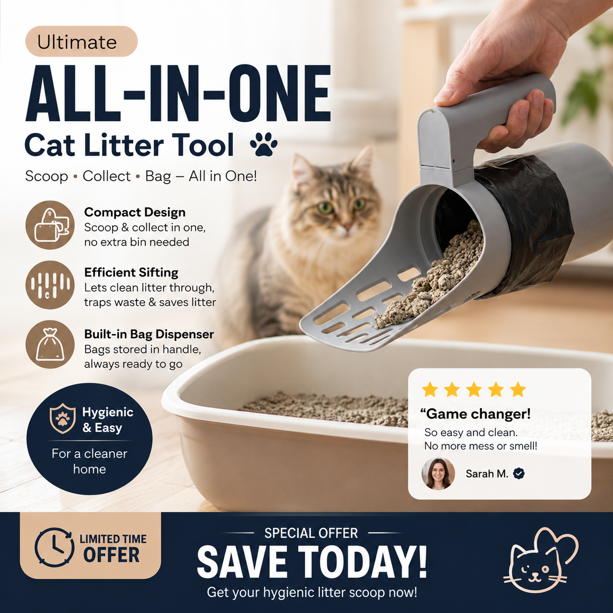 📢📢50% OFF !! ⏰ Self-Cleaning Litter Scoop with Waste Bin – Easy One-Handed Use 🧹🗑️ 【Don‘t Miss Out】