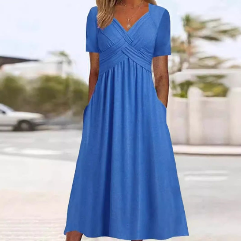 V-Neck Short Sleeve Dress – Flowy Fit, Timeless Charm
