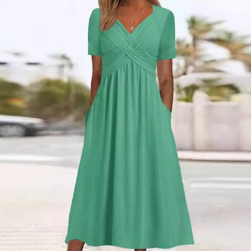 V-Neck Short Sleeve Dress – Flowy Fit, Timeless Charm