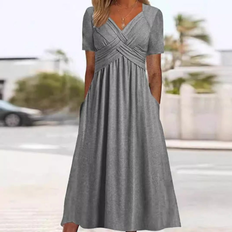 V-Neck Short Sleeve Dress – Flowy Fit, Timeless Charm