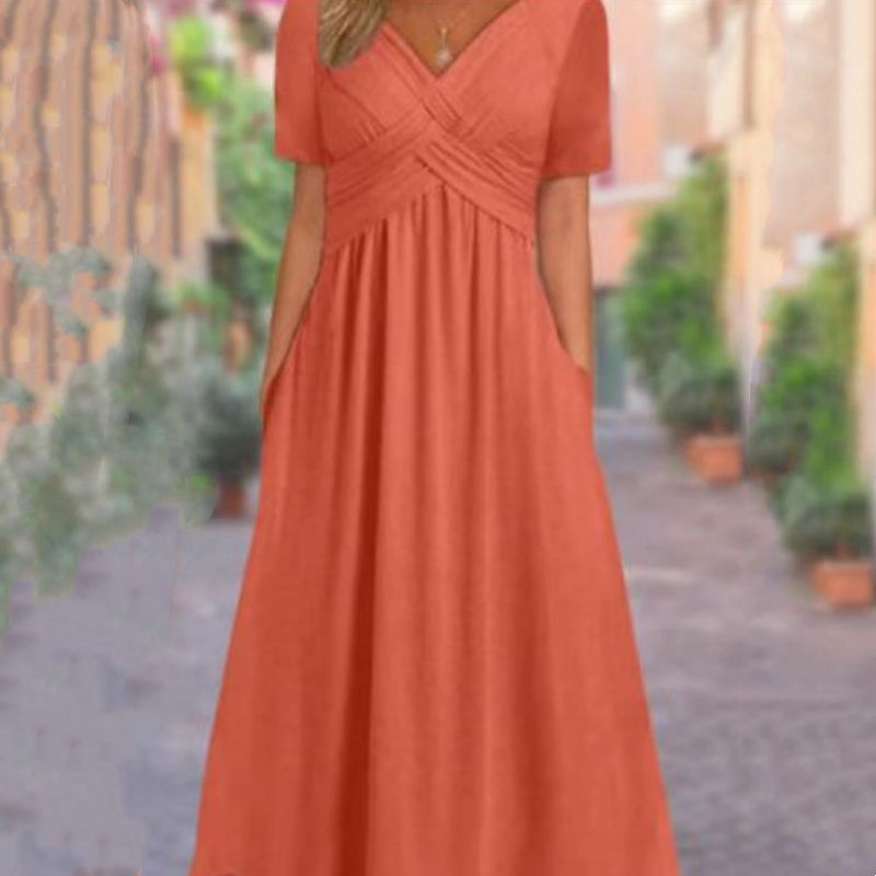 V-Neck Short Sleeve Dress – Flowy Fit, Timeless Charm