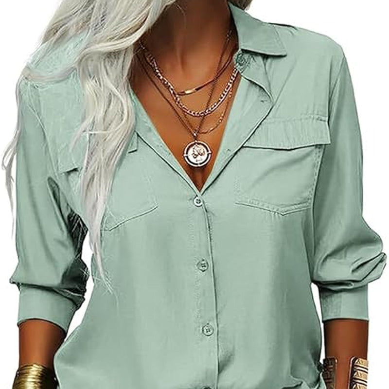 👔 LIMITED-TIME 50% OFF! 💥 Women's Solid Lapel Long Sleeve Button-Down Shirt – V-Neck, Chest Pockets, Loose Fit ✨