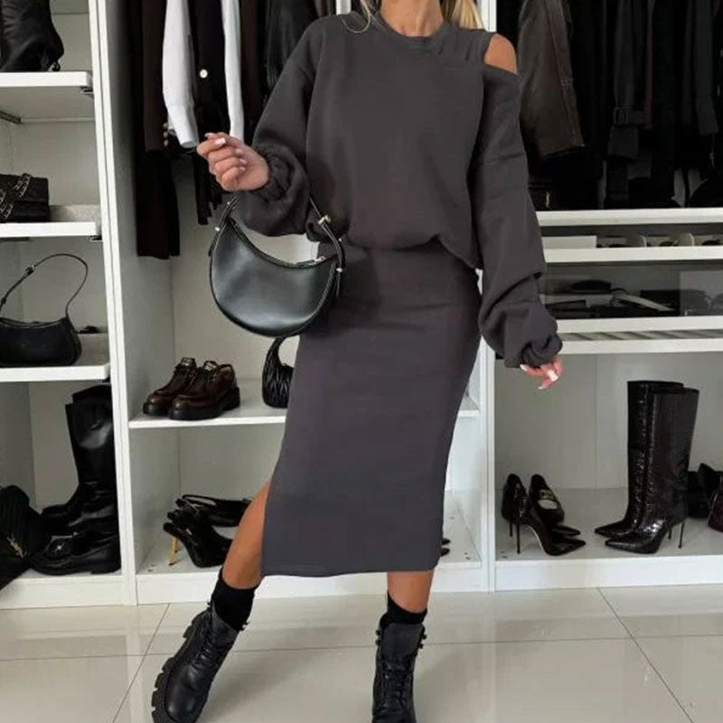 ❄️Early Winter Discount-49% OFF💃Women's Slanted Shoulder Sweatshirt & Sleeveless Dress Set
