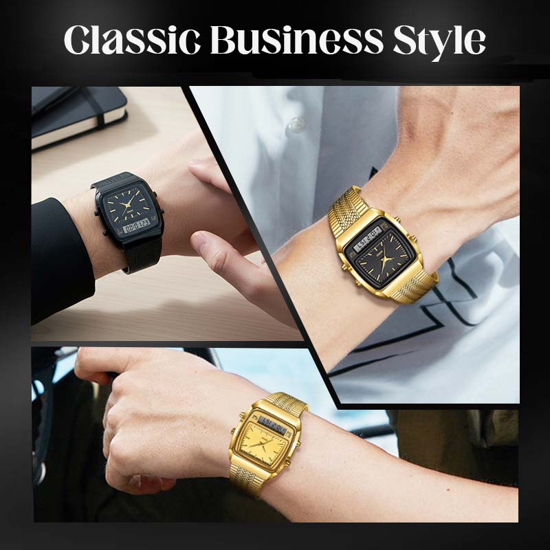 ⌚ LIMITED-TIME 50% OFF! 💥 Retro Style Square Face Multifunction Watch – Dual Display, Zinc Alloy, Stainless Steel ✨