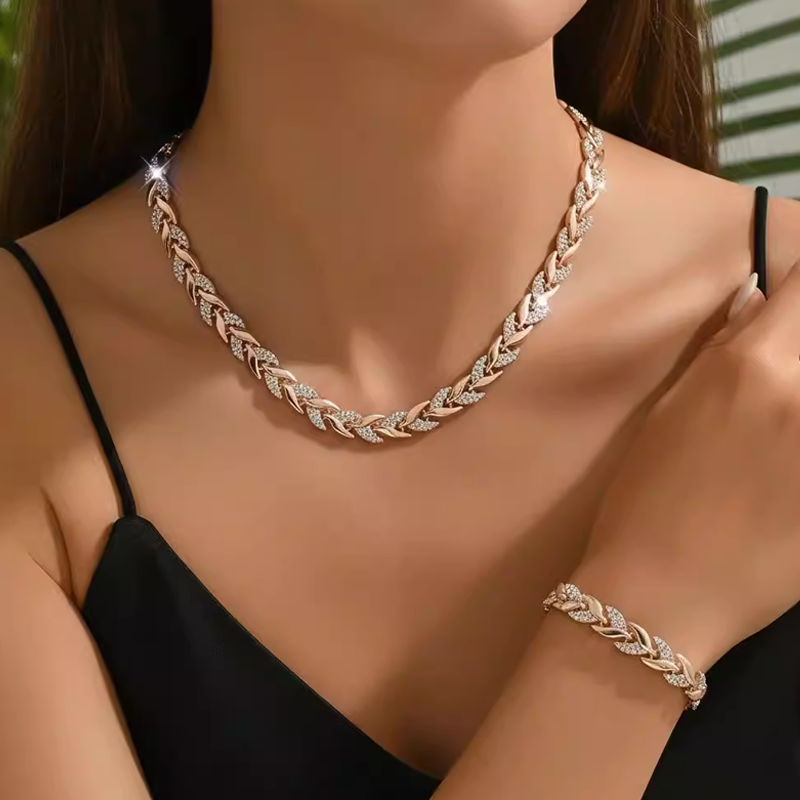 💎 50% OFF NOW! ✨ Adjustable Rhinestone Leaf Link Necklace & Bracelet Set – Elegant Design, Sparkling Crystals & Perfect Gift 🍃