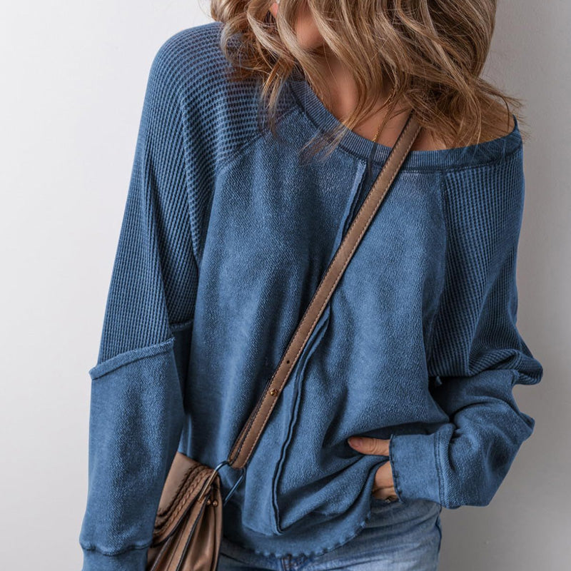 👕 LIMITED-TIME 50% OFF! ✨ Women's Casual Round Neck Top – Long Sleeve, Waffle Texture, Relaxed Fit 🌸