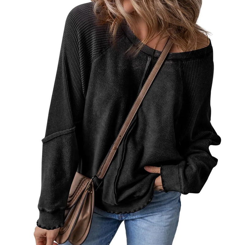 👕 LIMITED-TIME 50% OFF! ✨ Women's Casual Round Neck Top – Long Sleeve, Waffle Texture, Relaxed Fit 🌸