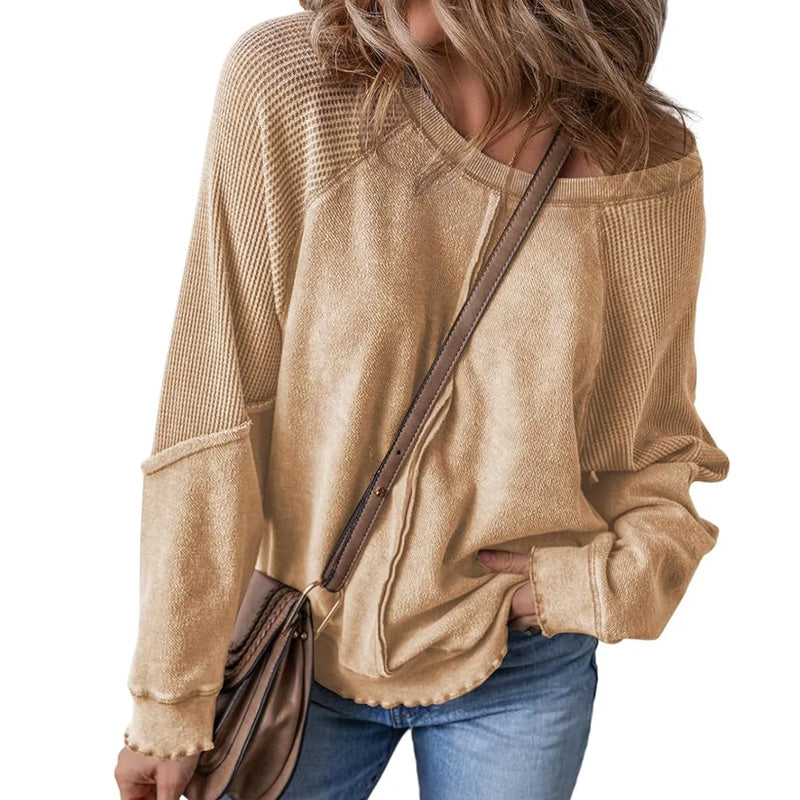 👕 LIMITED-TIME 50% OFF! ✨ Women's Casual Round Neck Top – Long Sleeve, Waffle Texture, Relaxed Fit 🌸