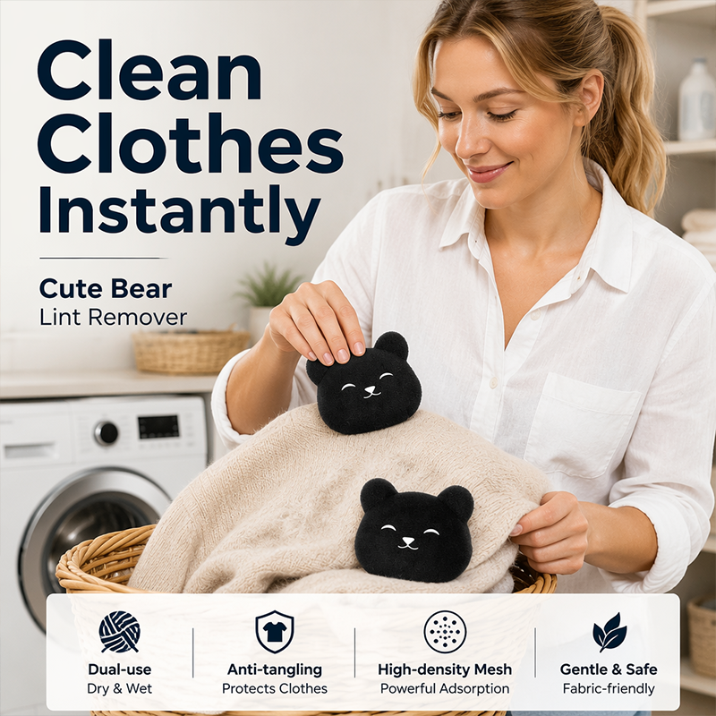 ✨2026 New 🐻 Cute Bear Reusable Pet Hair Remover Pad, Wet & Dry Use Laundry Fur Trap for Household