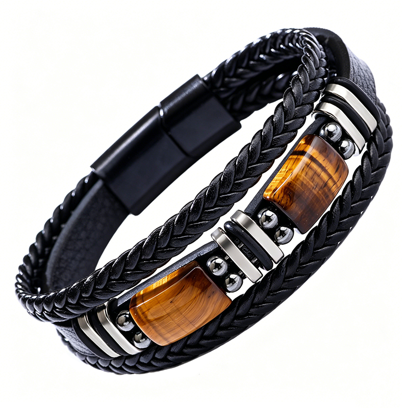 🔥Versatile Vintage Leather Bracelet 📿 Braided Layered Tiger Eye Stone Wristband for Men & Women
