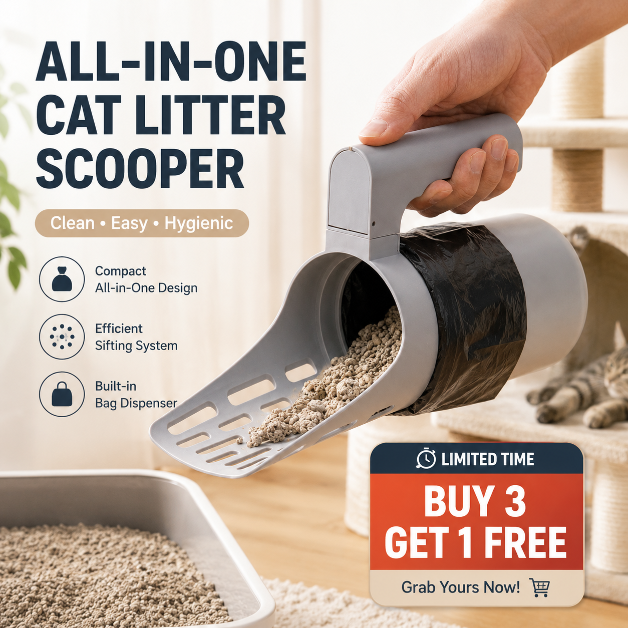 📢📢50% OFF !! ⏰ Self-Cleaning Litter Scoop with Waste Bin – Easy One-Handed Use 🧹🗑️ 【Don‘t Miss Out】